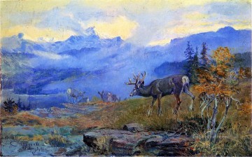 Indiana Cowboy Painting - deer grazing 1912 Charles Marion Russell Indiana cowboy